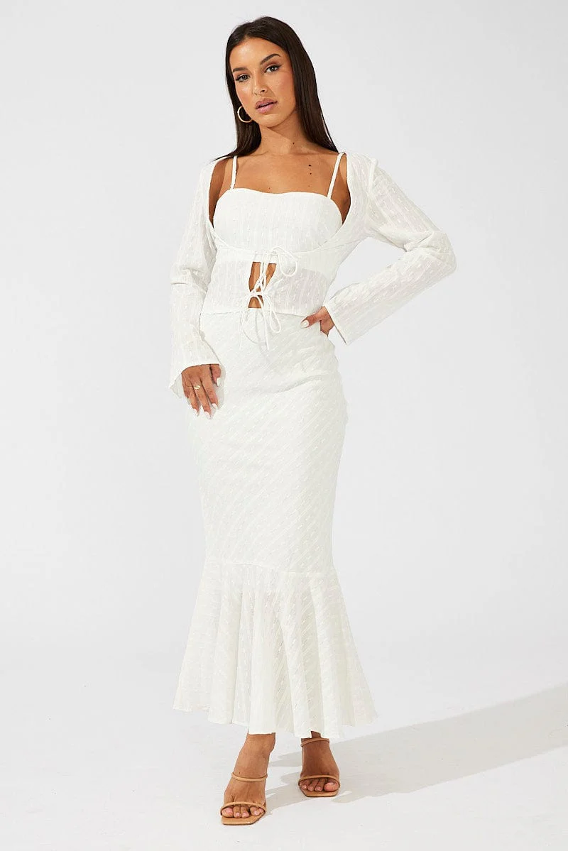 White Top Set Long Sleeve Square Neck Cami Tie Front - Image 2