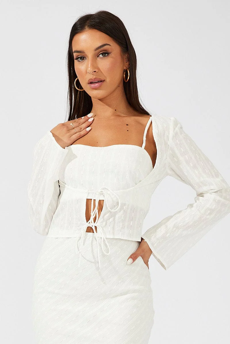 White Top Set Long Sleeve Square Neck Cami Tie Front - Image 3