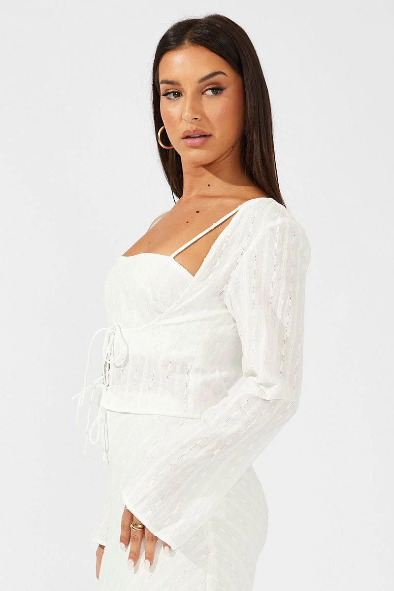 White Top Set Long Sleeve Square Neck Cami Tie Front - Image 4