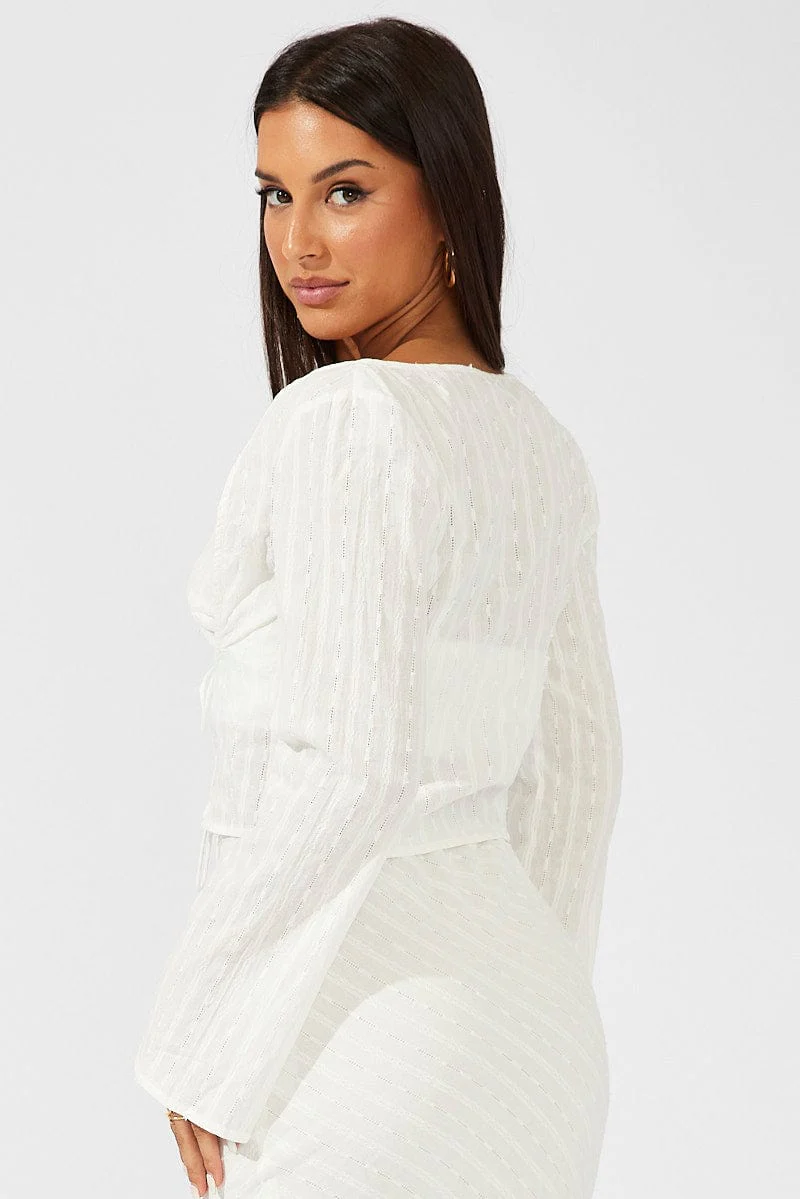 White Top Set Long Sleeve Square Neck Cami Tie Front - Image 5