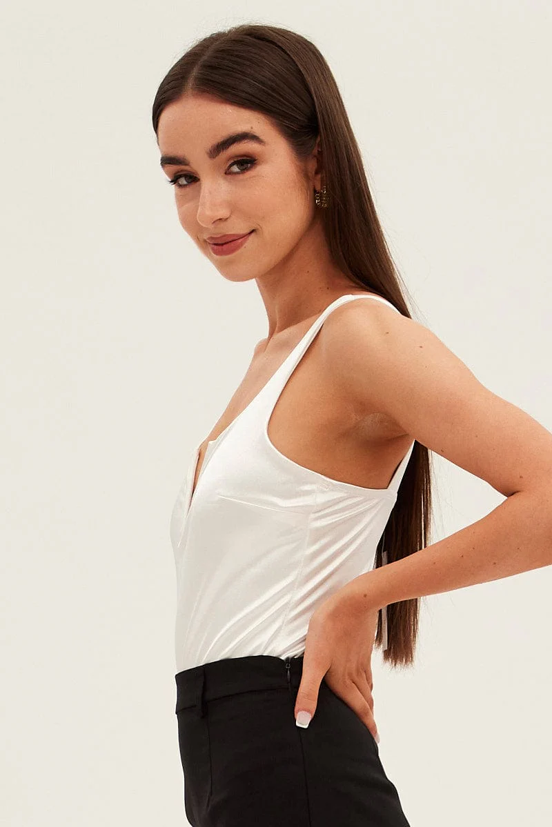 White V Front Bodysuit Sleeveless Notched Neck Satin - Image 4