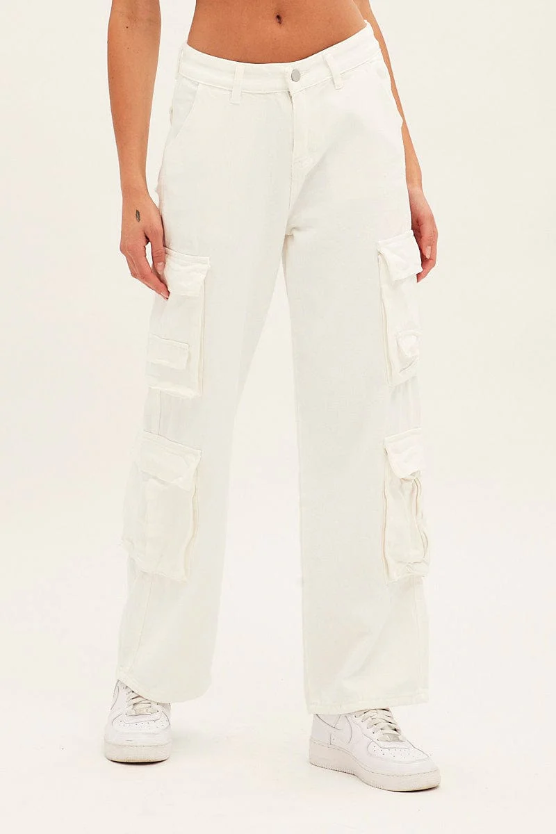 White Wide Leg Cargo Pants - Image 2