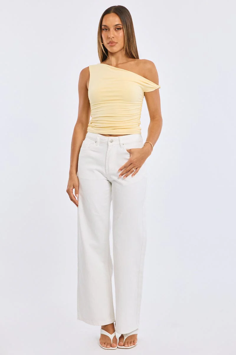 White Wide Leg Jeans Ribbon Pocket