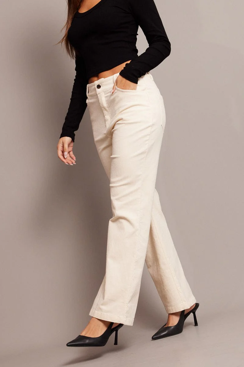White Wide Leg Pants High Rise Corduroy - Image 2