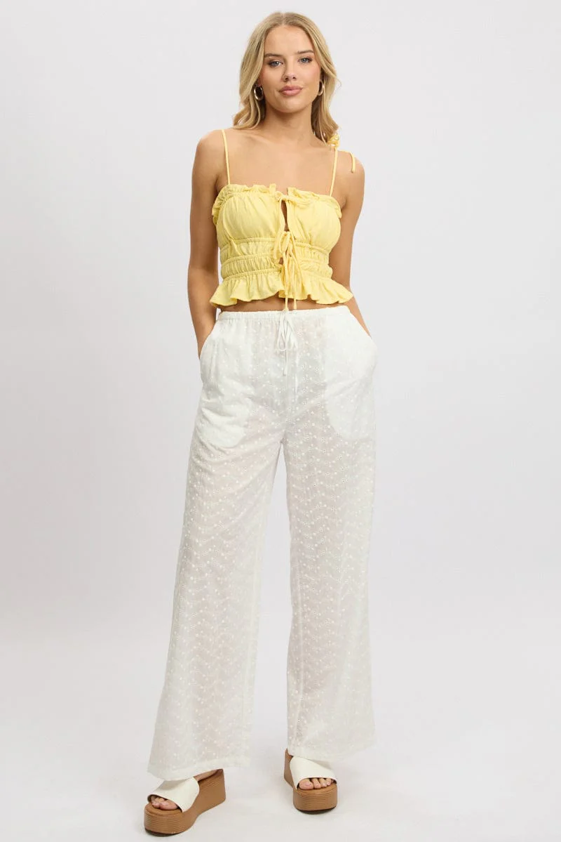 White Wide Leg Pants High Rise Eyelet Fabric - Image 2