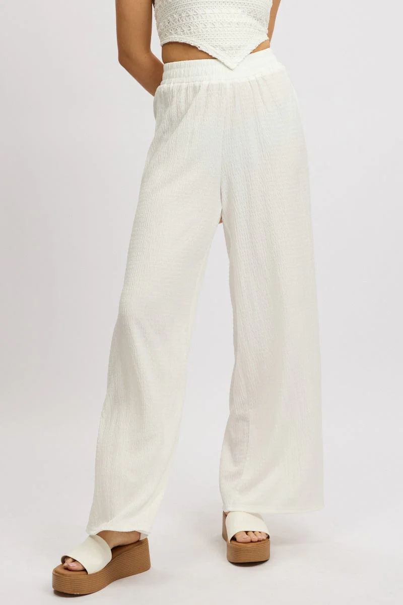White Wide Leg Pants High Rise Textured Fabric - Image 2