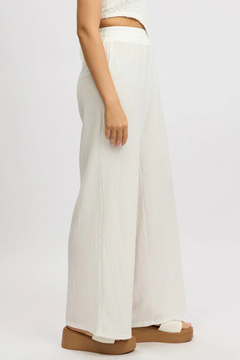 White Wide Leg Pants High Rise Textured Fabric - Image 4