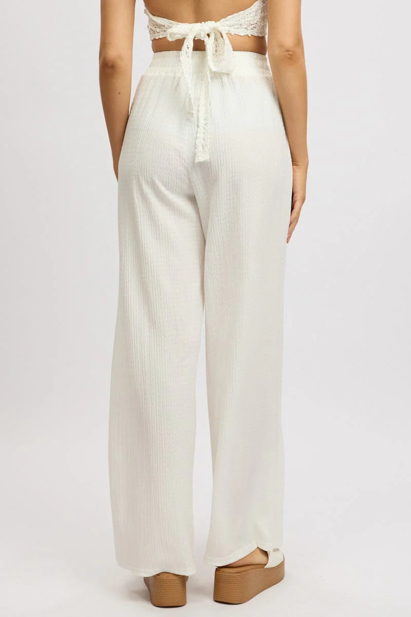 White Wide Leg Pants High Rise Textured Fabric - Image 5
