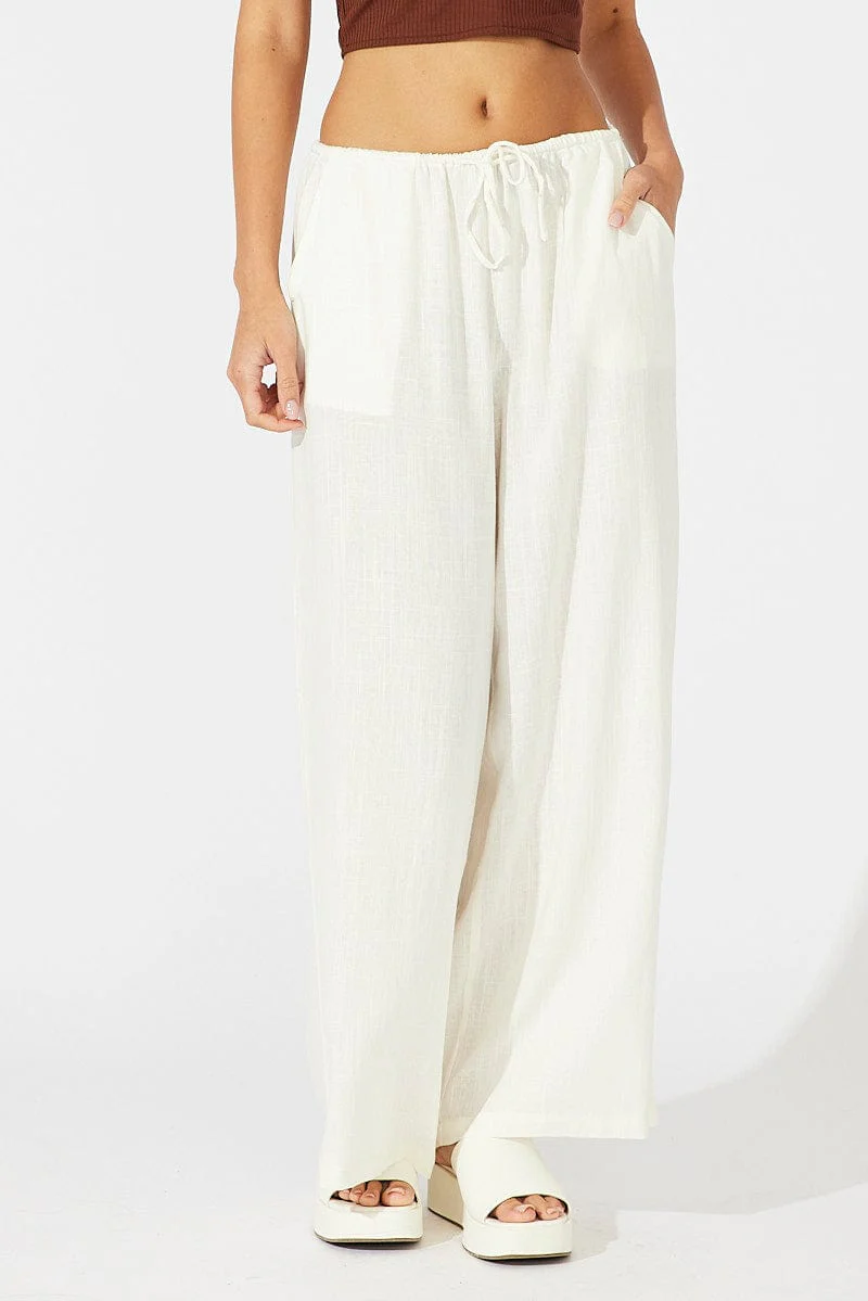 White Wide Leg Pants Low Rise Linen Blend - Image 2