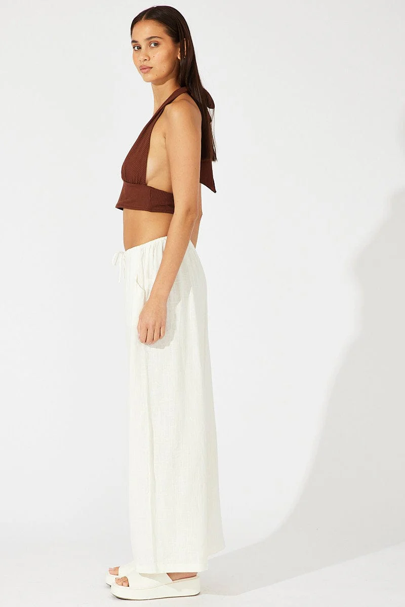 White Wide Leg Pants Low Rise Linen Blend - Image 4