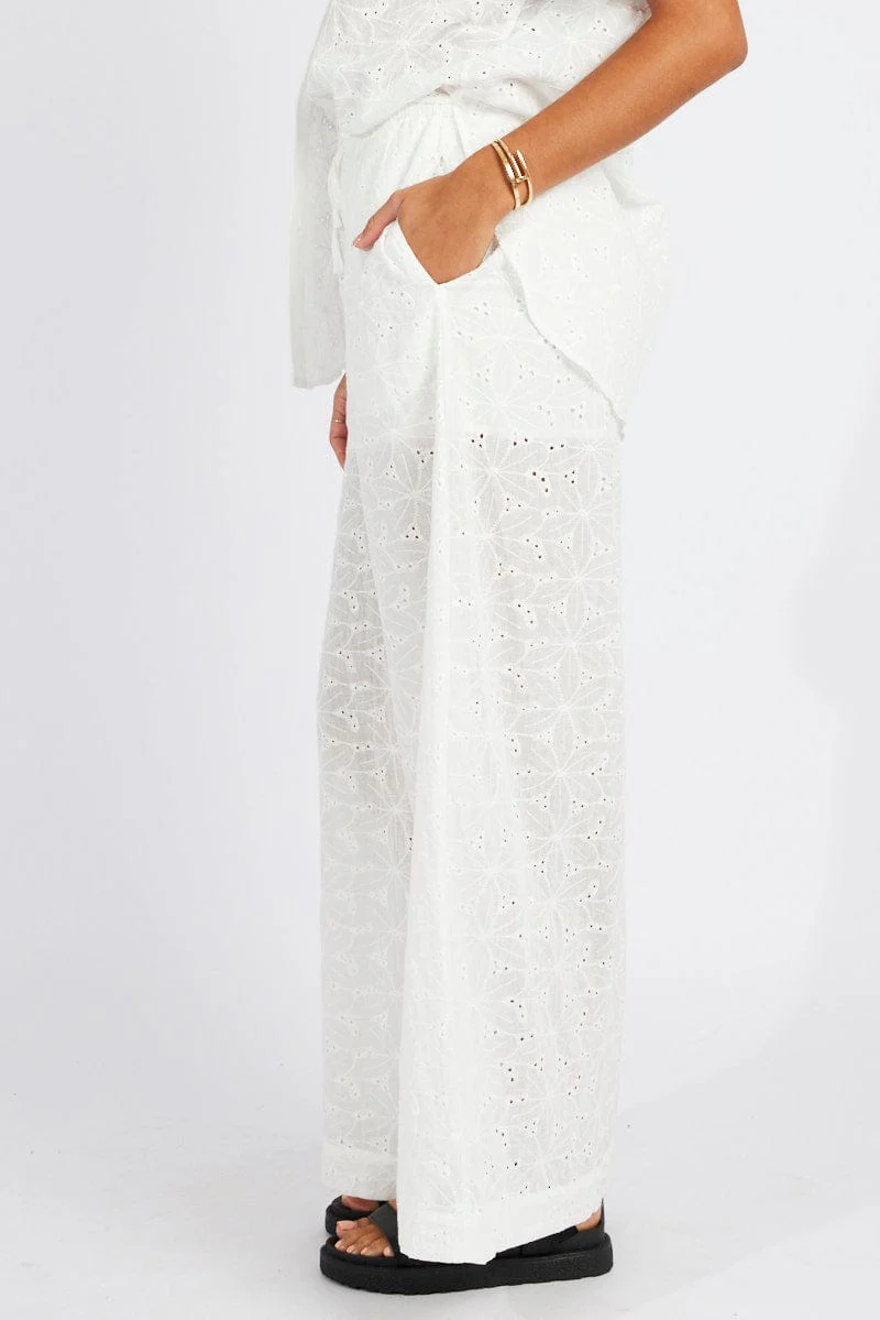 White Wide Leg Pants Mid Rise Eyelet - Image 4