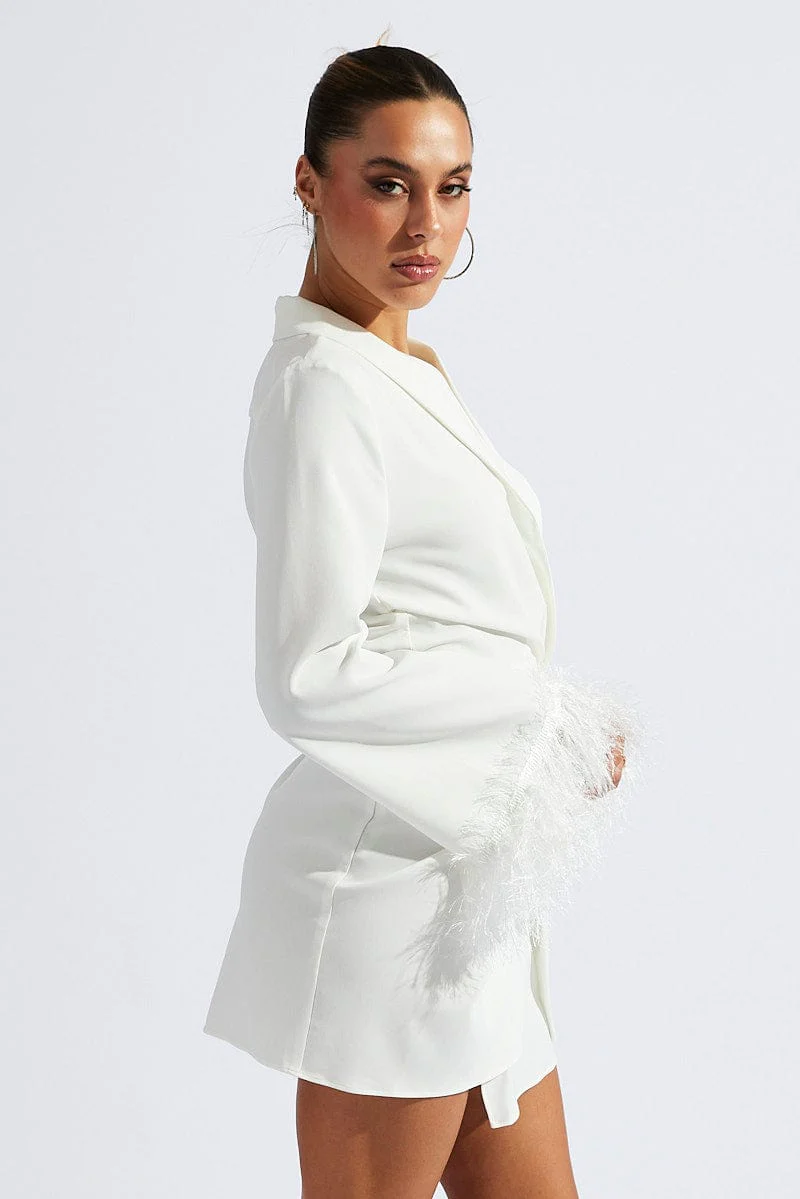 White Wrap Dress Long Sleeve Faux Feather Cuffs - Image 4