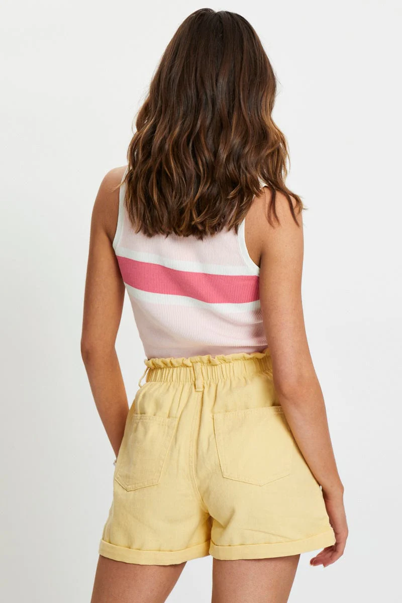 Yellow 2 Button Paperbag Color Denim Shorts - Image 5