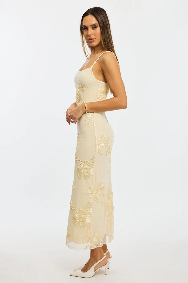 Yellow Bodycon Dress Embroidered Mesh - Image 3