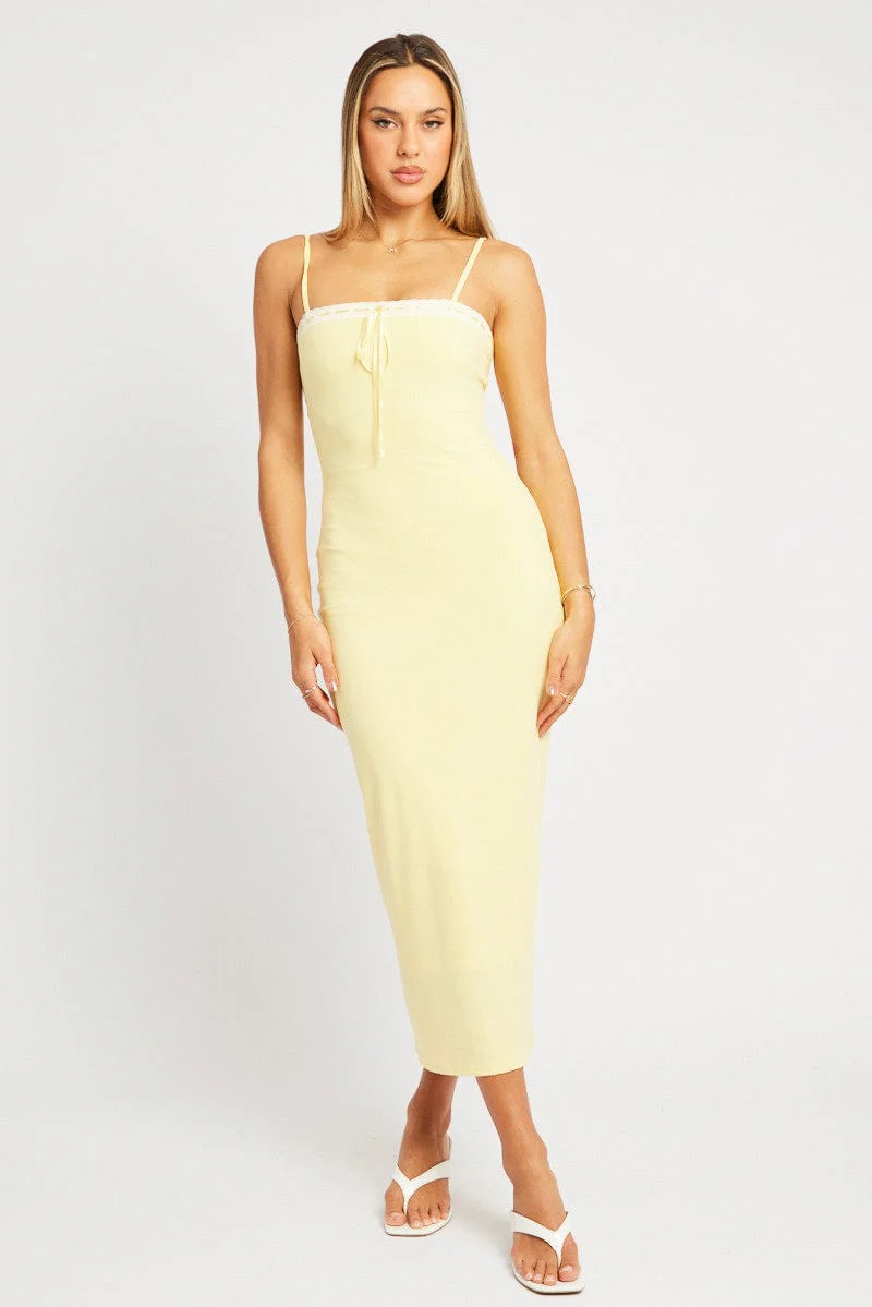 Yellow Bodycon Dress Maxi Ribbon Trim - Image 3