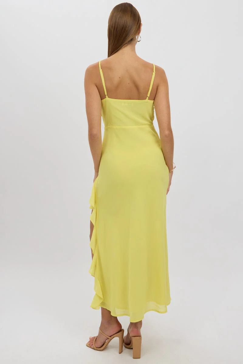 Yellow Bodycon Dress Maxi Ruffle Slit Chiffon - Image 5