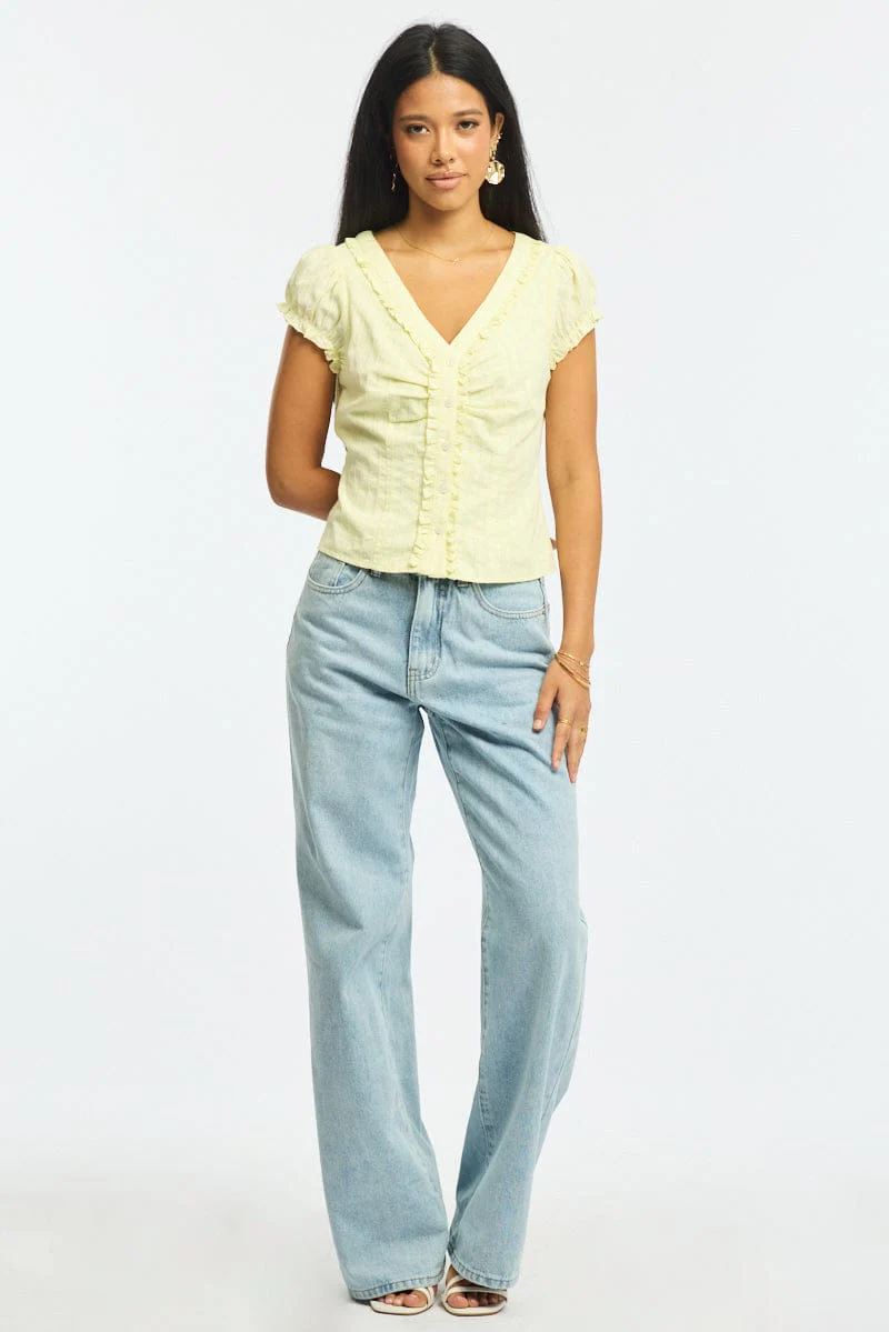 Yellow Cap Sleeve Top V-neck Button Up Textured Cotton - Image 2
