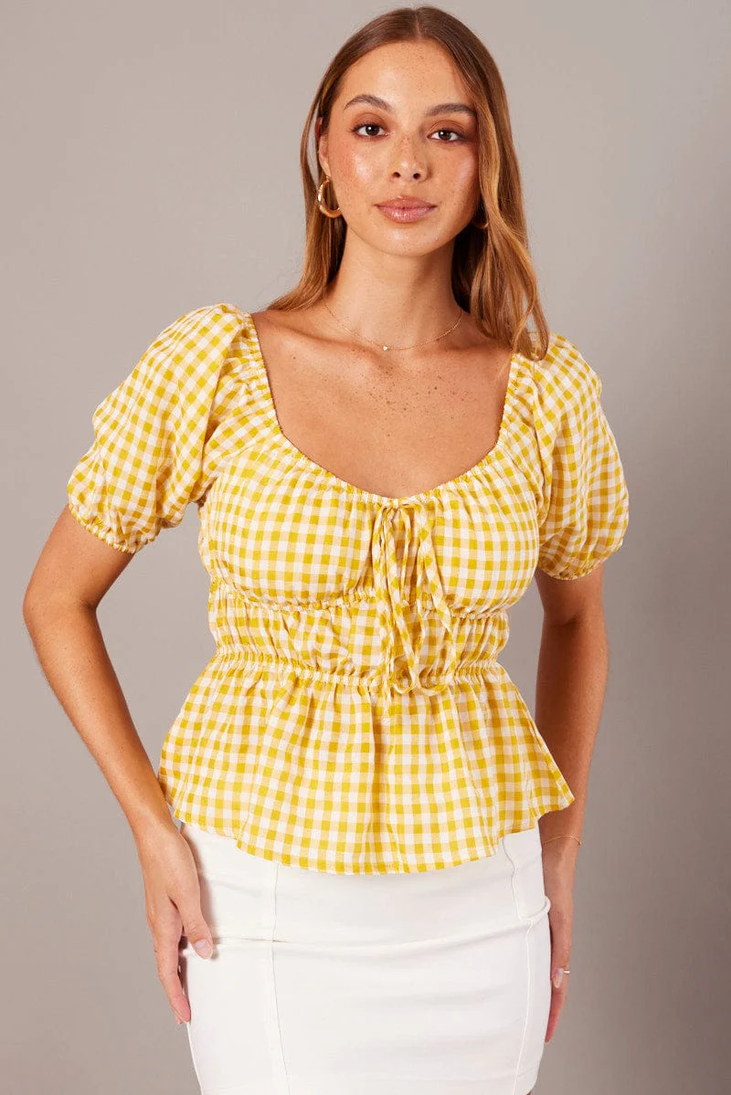 Yellow Check Ruched Peplum Top Short Sleeve - Image 3