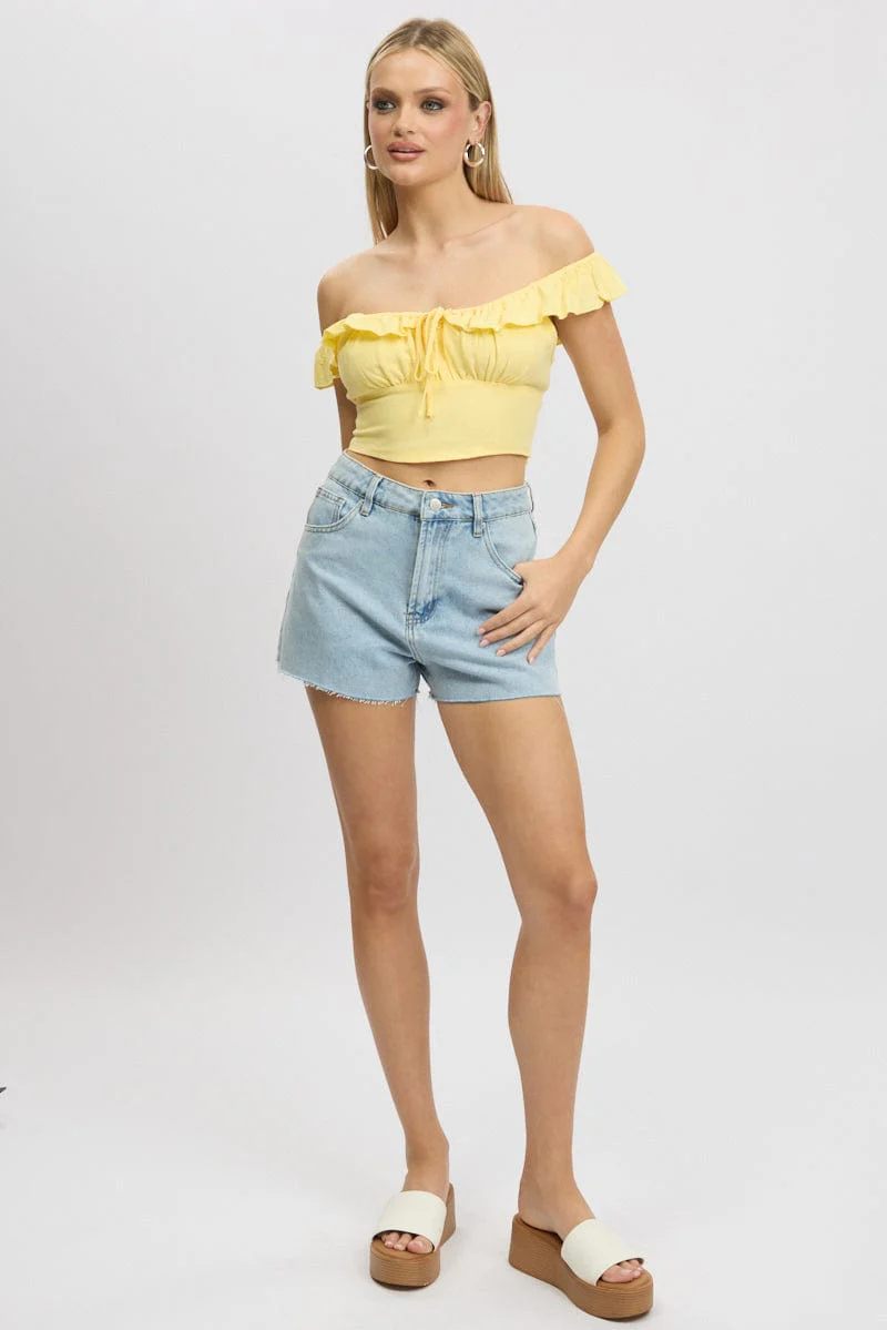 Yellow Crop Top Ruffle Off Shoulder Linen Blend - Image 2