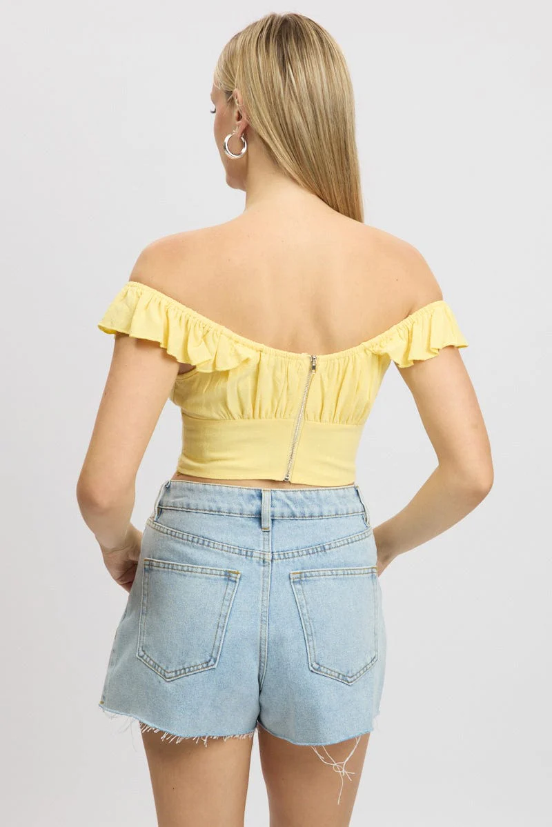 Yellow Crop Top Ruffle Off Shoulder Linen Blend - Image 5