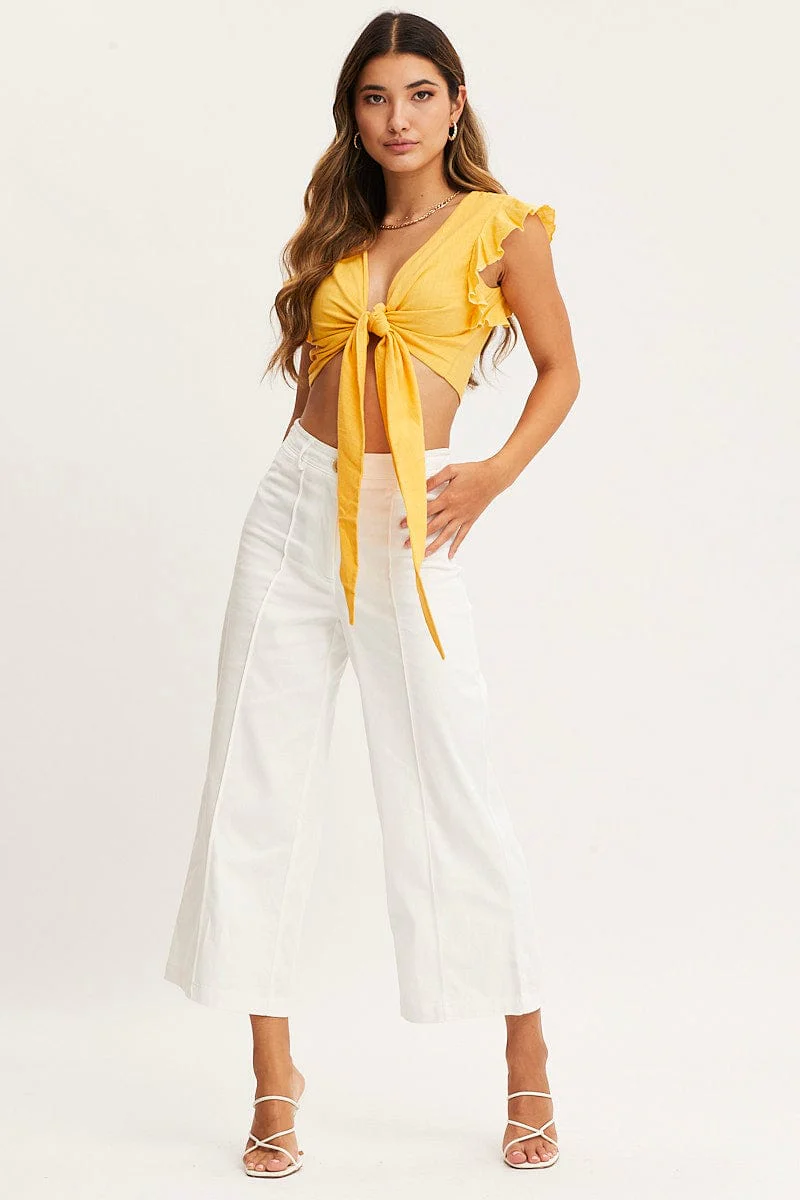 Yellow Crop Top Short Sleeve Tie Front - Image 2