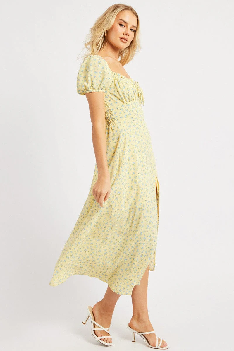 Yellow Ditsy Midi Dress Puff Sleeve - Image 4