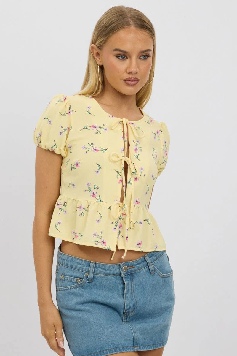 Yellow Ditsy Tie Front Top Puff Sleeve - Image 3