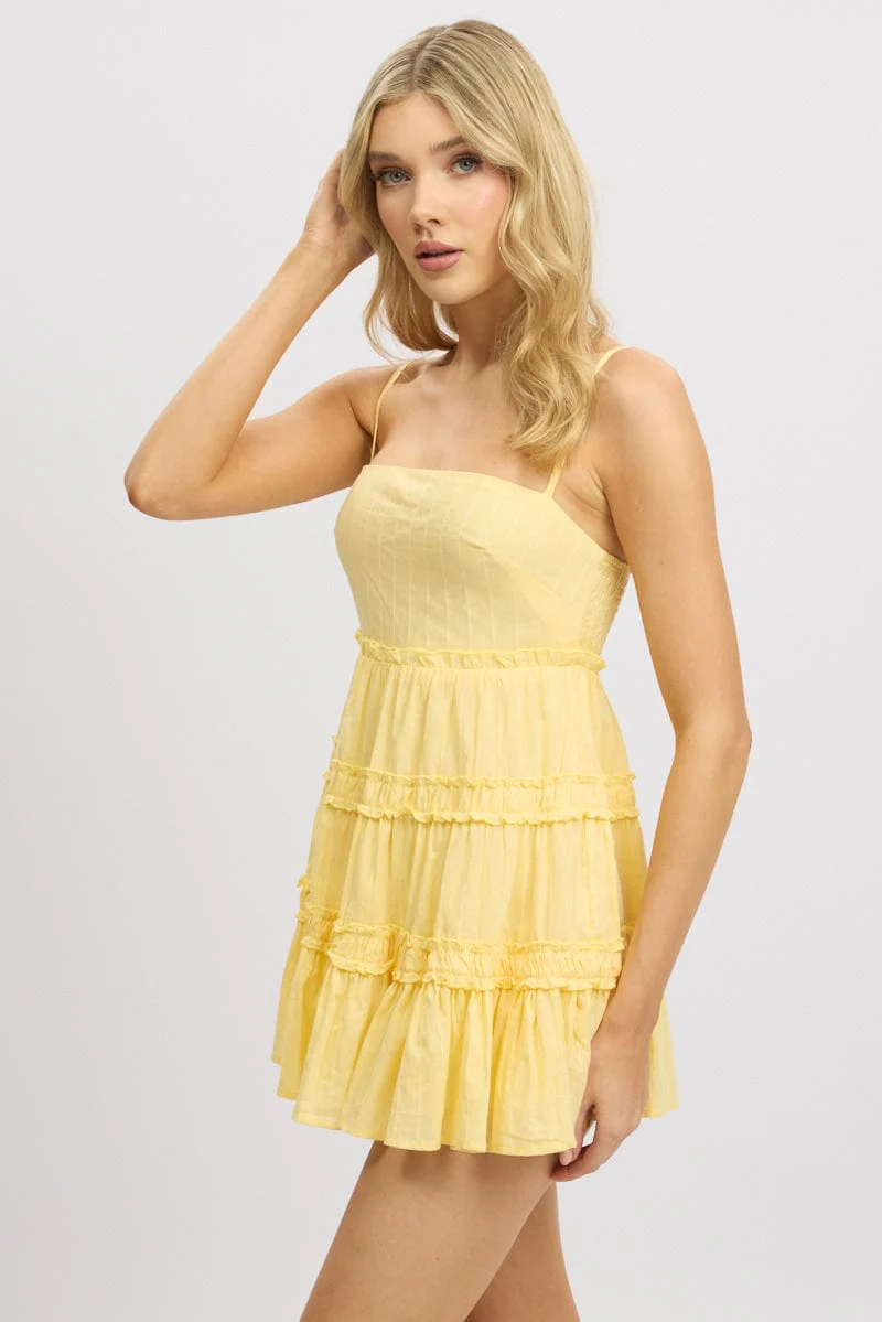 Yellow Fit And Flare Dress Tiered Strappy - Image 4