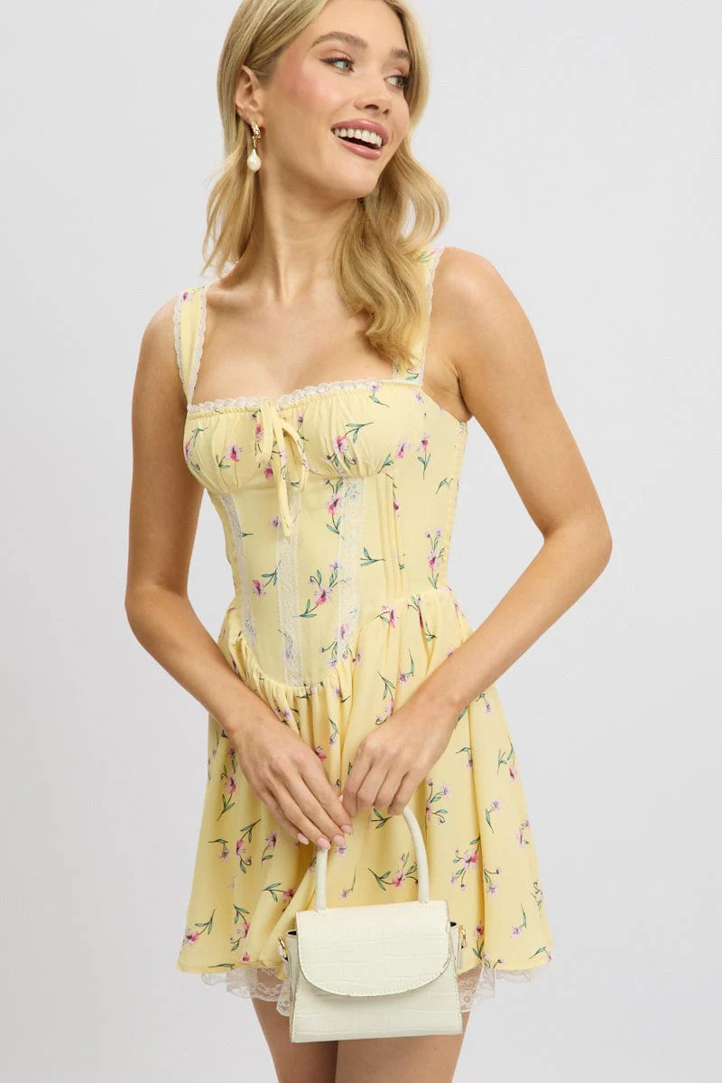 Yellow Floral Fit And Flare Dress Mini Rushed Bust - Image 2