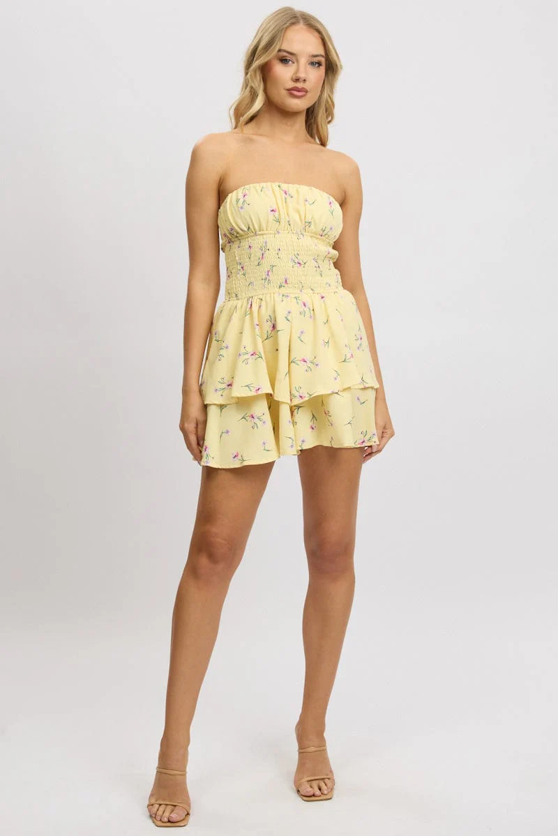 Yellow Floral Strapless Playsuit Ruffled - Image 2