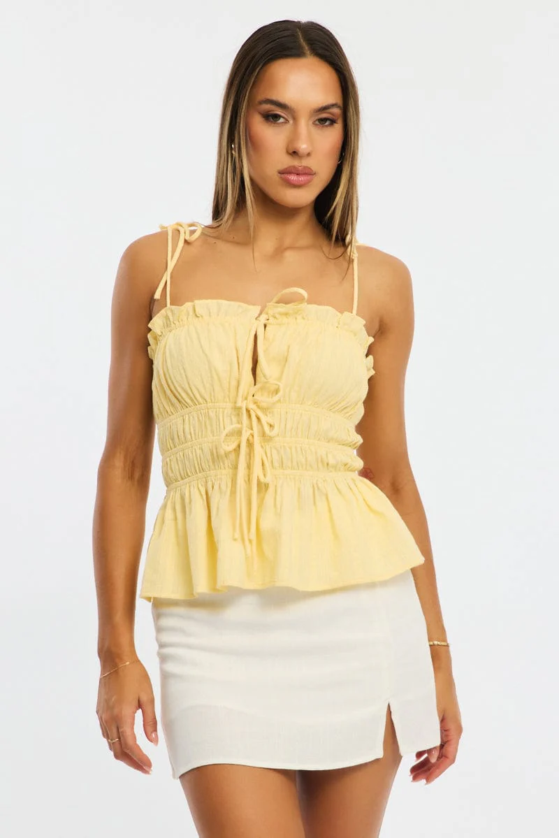 Yellow Gathered Tie Cami Sleeveless Notched Front - Image 2
