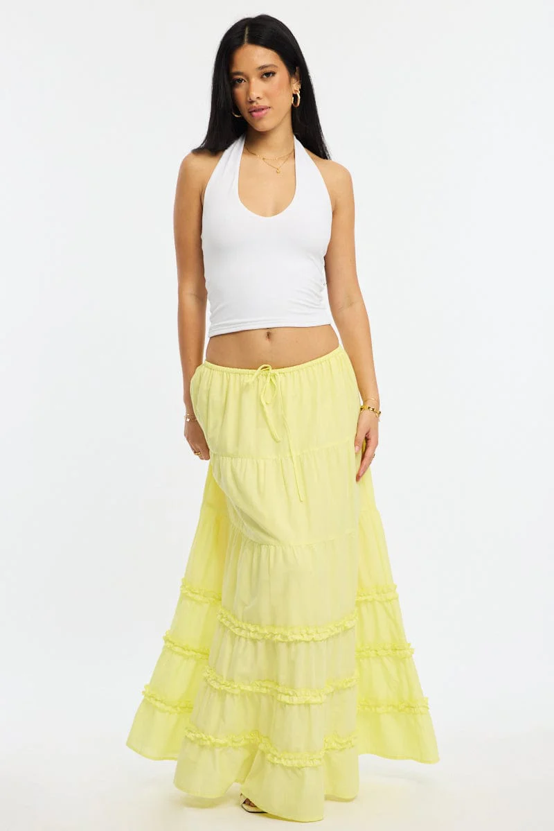 Yellow Maxi Skirt Elasticated Waist Tiered Frilled Detail