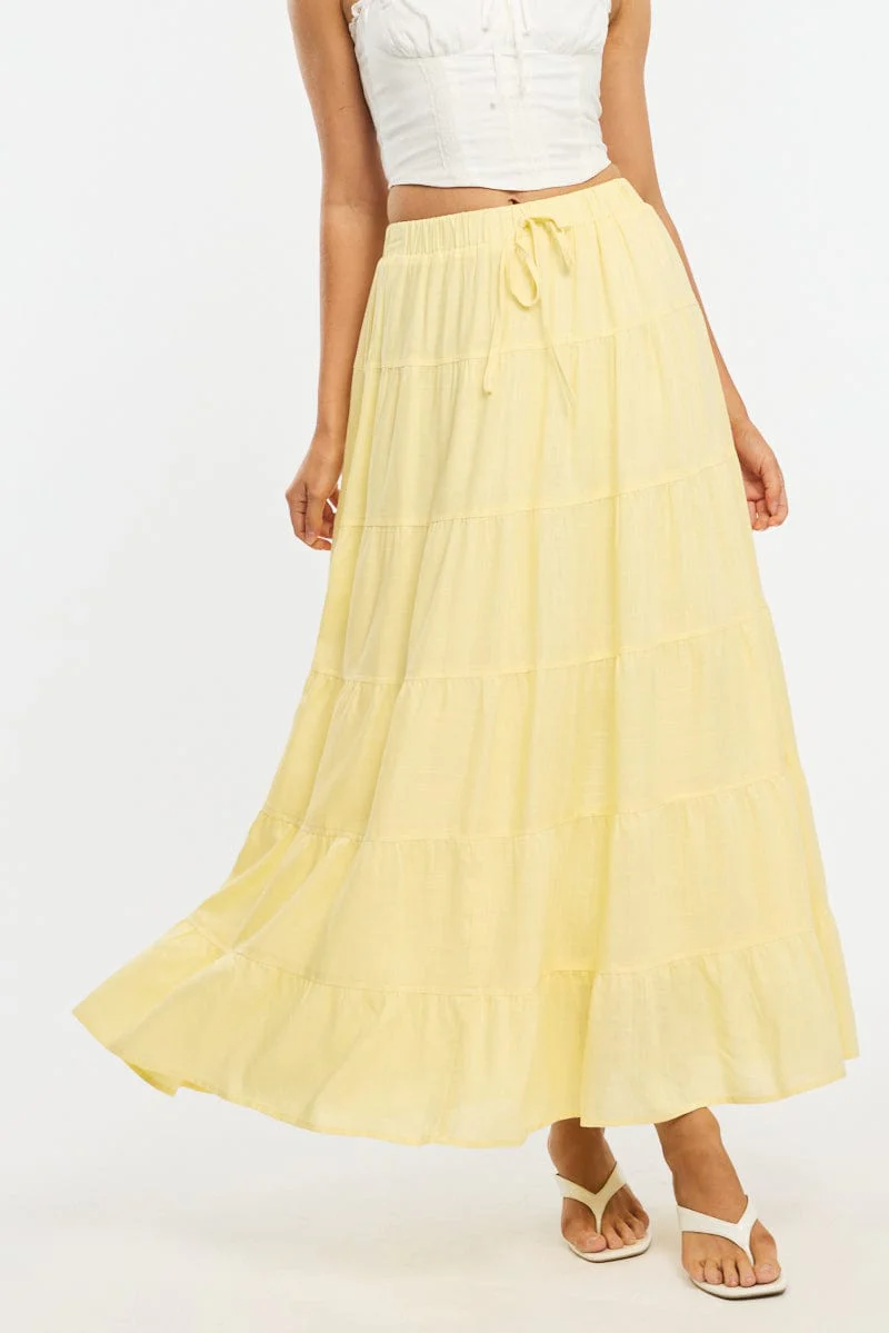 Yellow Maxi Skirt Tiered High Rise Linen Blend - Image 2
