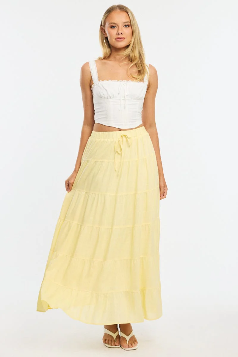 Yellow Maxi Skirt Tiered High Rise Linen Blend - Image 4