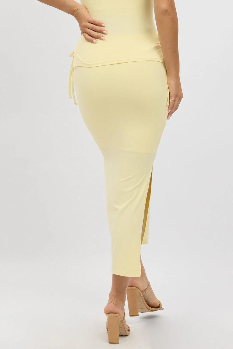 Yellow Midaxi Skirt Elastic Waist Spliced Bow Supersoft - Image 5