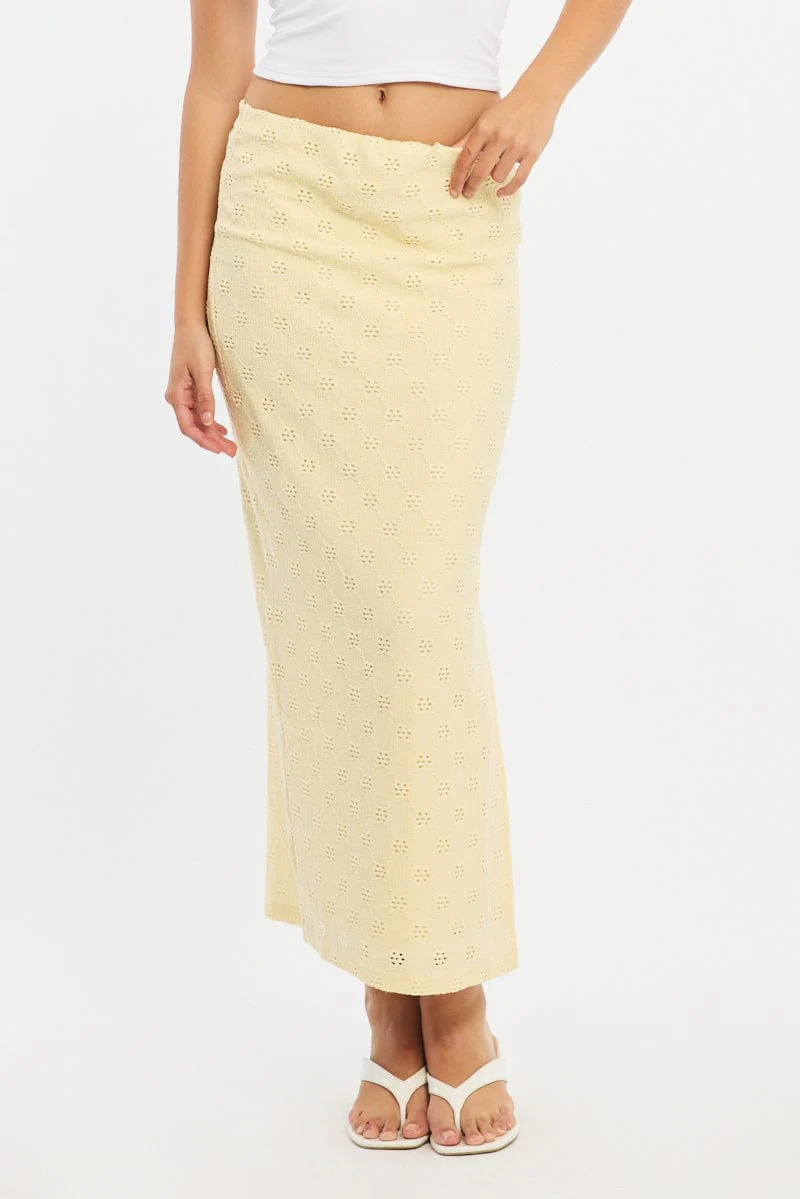 Yellow Midaxi Skirt Elastic Waisthigh Rise Stretch Eyelet - Image 2