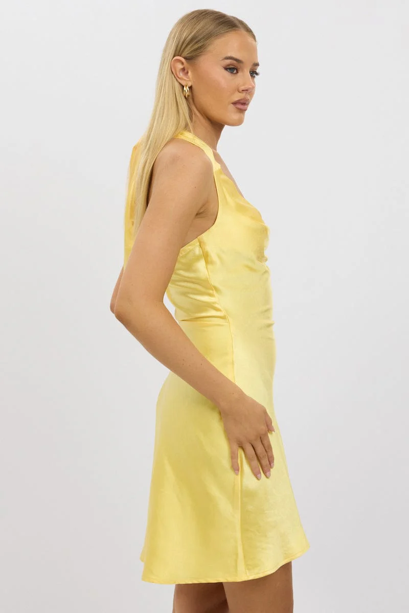 Yellow Mini Dress Cowl Neck Satin - Image 4