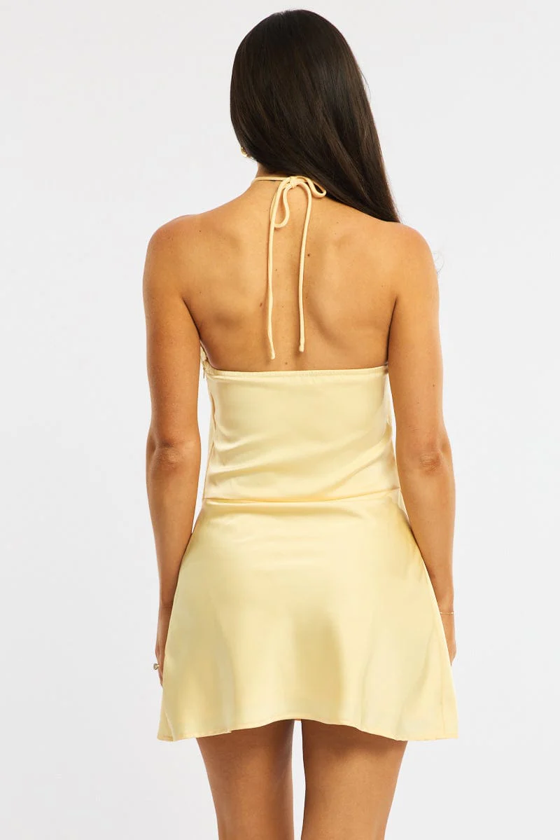 Yellow Mini Dress Halter Neck Satin - Image 4