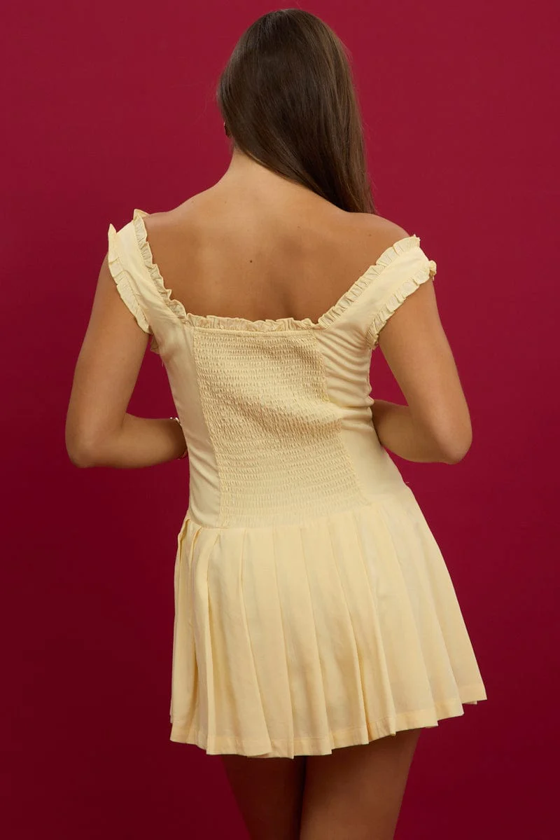 Yellow Mini Dress Pleated Skirt Gathered Bust - Image 5