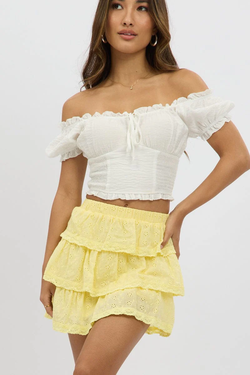 Yellow Mini Skirt Elastic Waist Layered Broidery Eyelet - Image 3