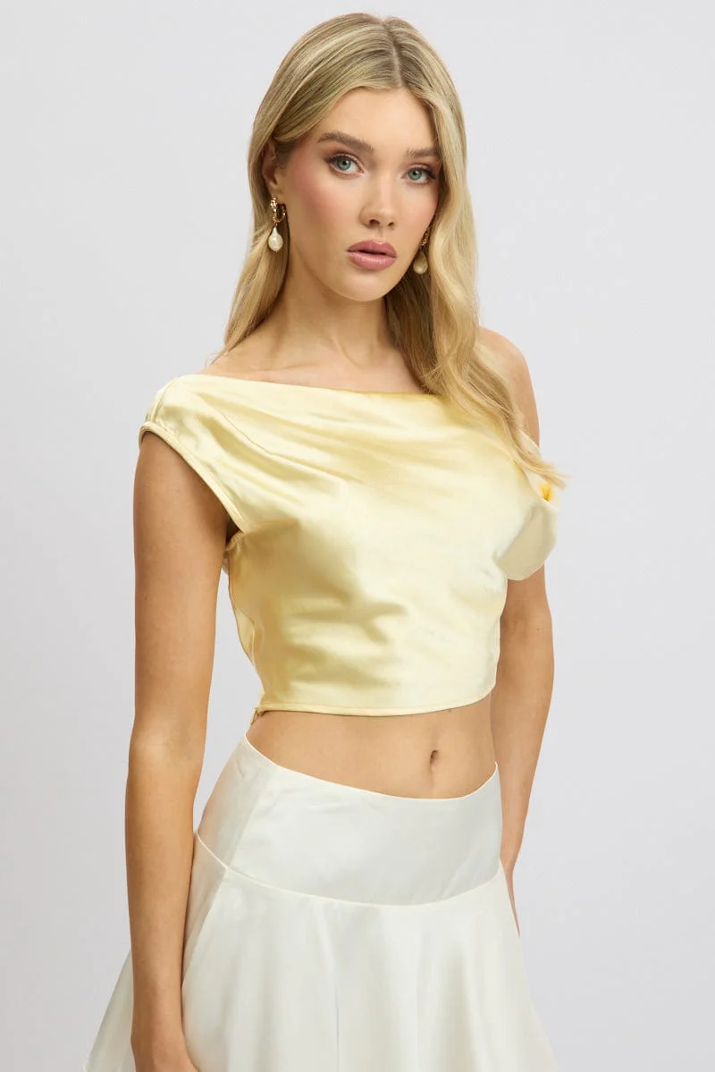 Yellow On Off Shoulder Satin Top - Image 2