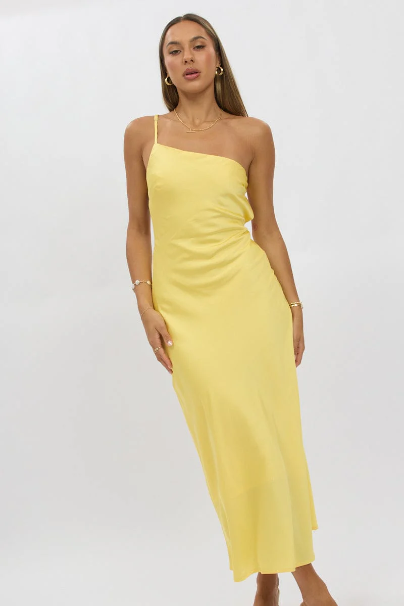 Yellow One Shoulder Dress Satin - Image 2
