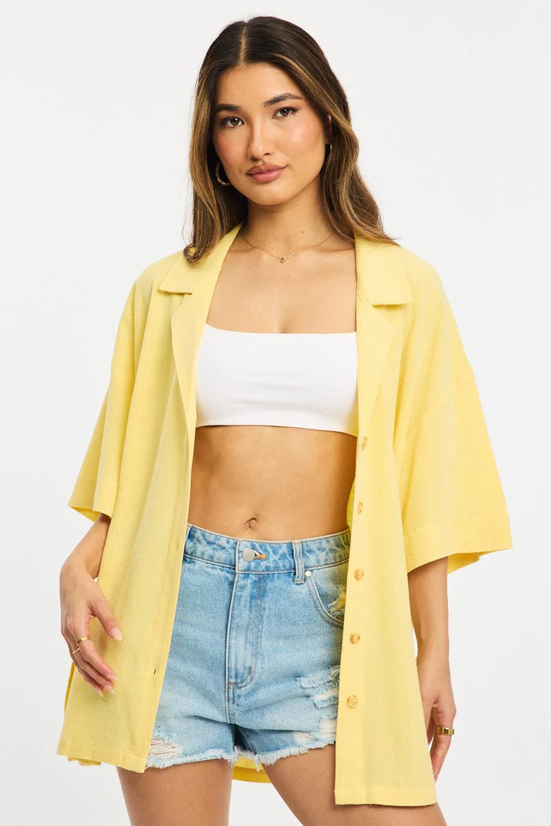 Yellow Relaxed Shirt Short Sleeve Collared Linen Blend