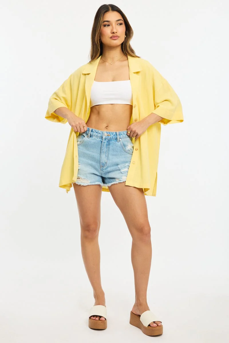 Yellow Relaxed Shirt Short Sleeve Collared Linen Blend - Image 2