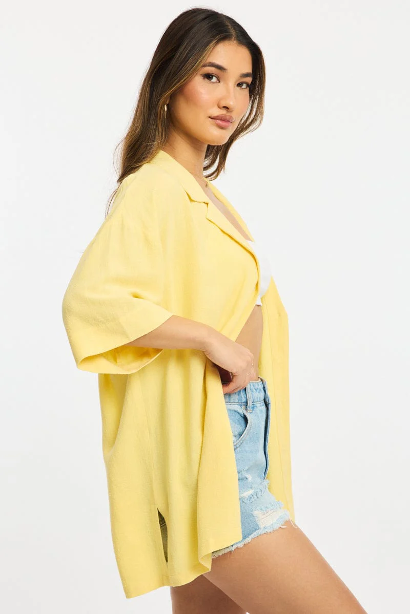 Yellow Relaxed Shirt Short Sleeve Collared Linen Blend - Image 3