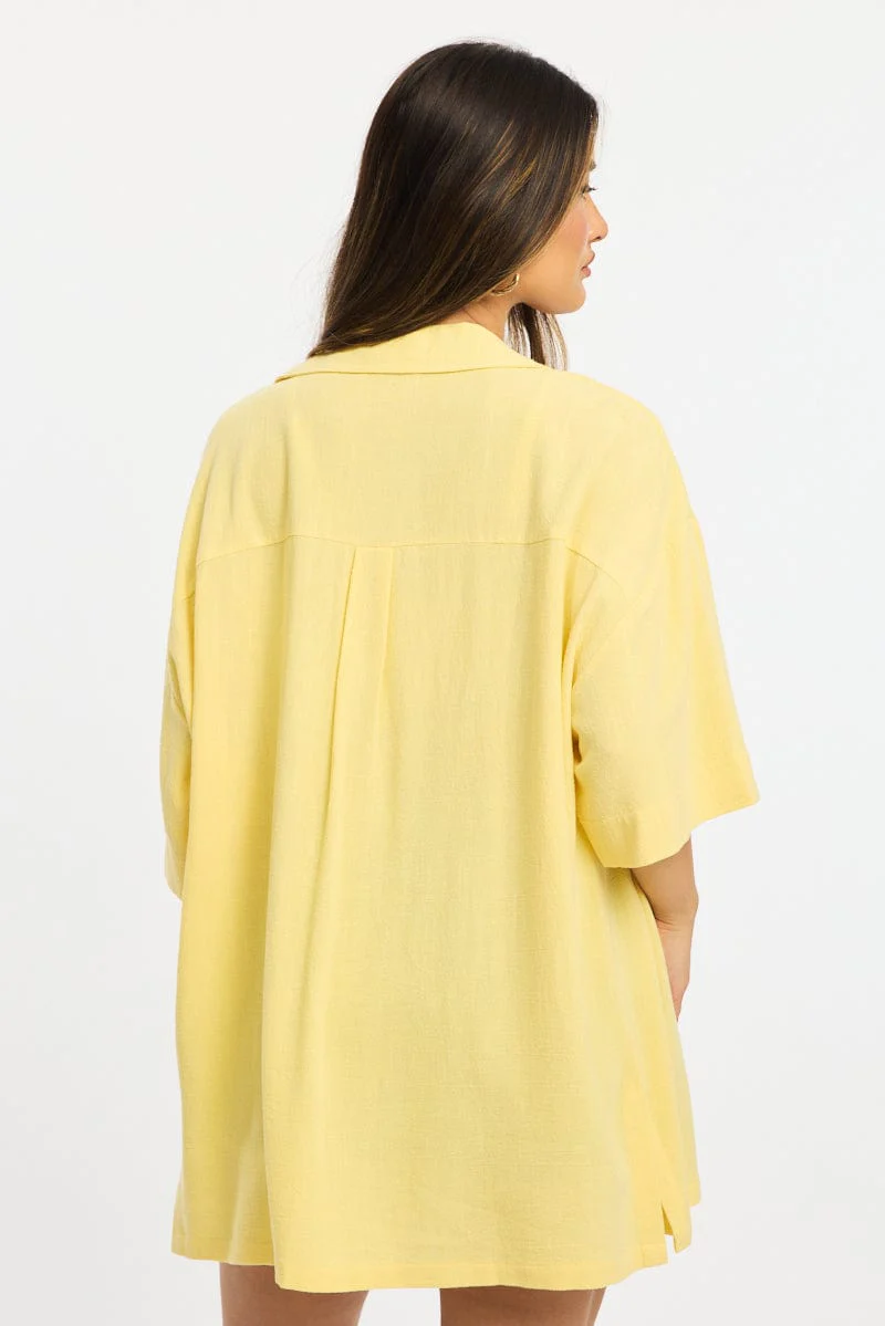 Yellow Relaxed Shirt Short Sleeve Collared Linen Blend - Image 4