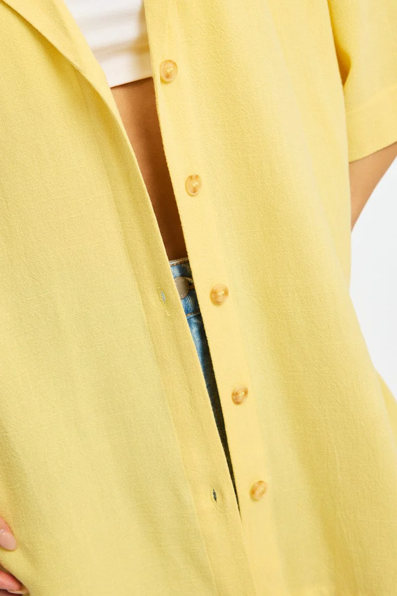 Yellow Relaxed Shirt Short Sleeve Collared Linen Blend - Image 5