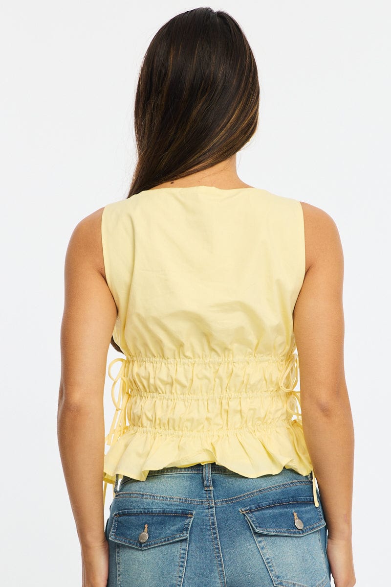 Yellow Ruched Top Sleeveless Boat Neck Bow Details - Image 5
