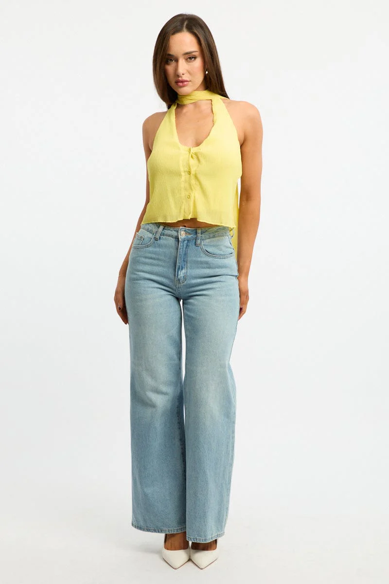 Yellow Scarf Top Sleeveless Halter Plisse Vest Detail - Image 2