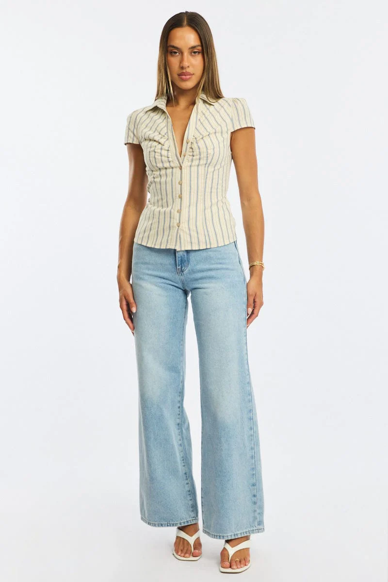 Yellow Stripe Button Up Shirt Short Sleeve Collared Tie Back - Image 3